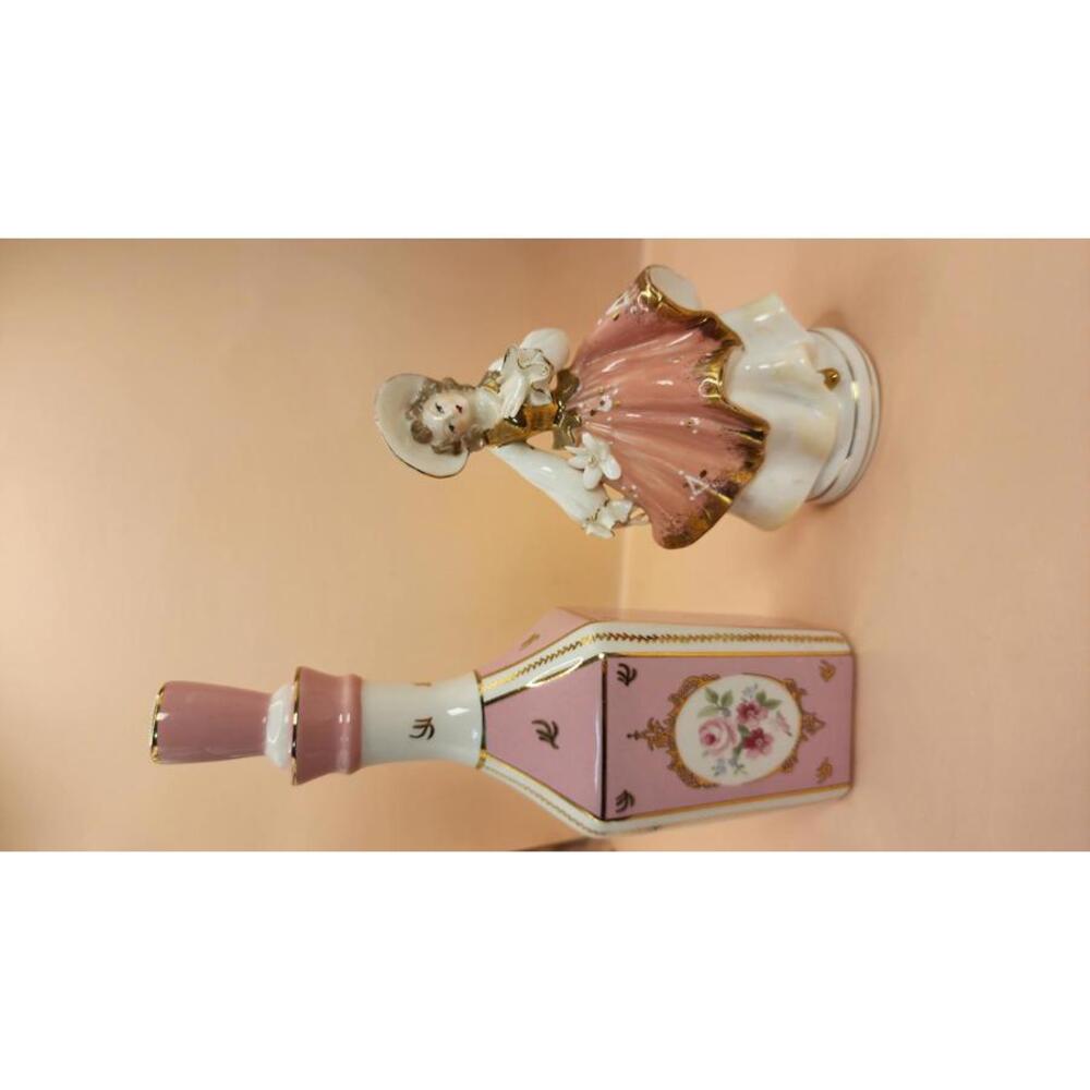 Vintage Porcelain Decorative Set: Pink porcelain perfume& Lady Figurine